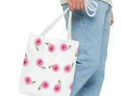 Pink Dahlia Botanical Watercolor Tote Bag, Floral Canvas Carryall, framing detail (Bill Shew)