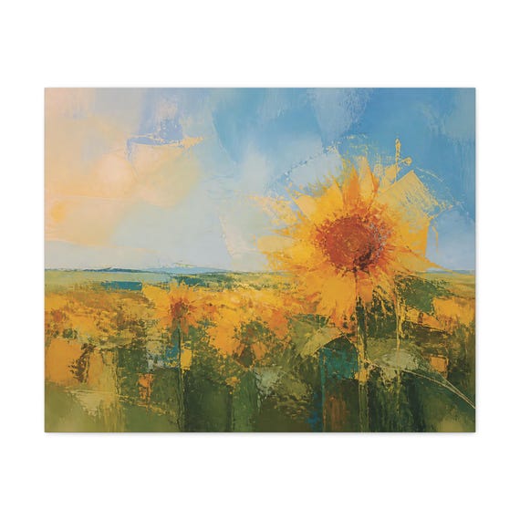 Sunflower Field Canvas Print, Hazy Daylight Digital Art Print, Botanical Wall Art, Canvas Wall Decor, Bill Shew wall art print