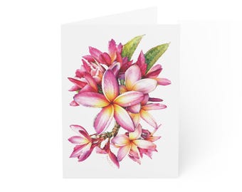 Pink Plumeria Bouquet Greeting Card, Tropical Frangipani Digital Art Print, Botanical Card, Blank Inside for Any Occasion.
