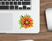 Botanical Gazania Flower Sticker, Vibrant Orange Red Yellow Floral Decal, detail view (Bill Shew)