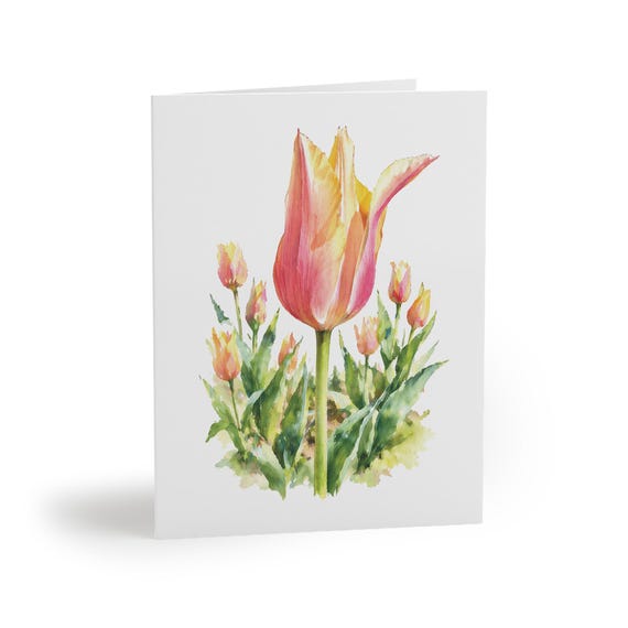 8 cards - Pink Yellow Tulip Watercolor Greeting Card, Botanical Spring Floral Note by Bill Shew