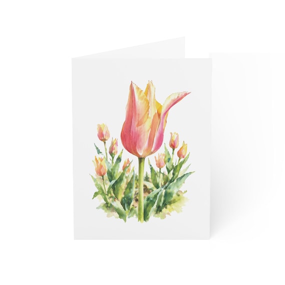 Pink Tulip Greeting Card, Peach Tulip Garden Digital Art Print, Botanical Card, Blank Inside for Any Occasion, Bill Shew wall art print