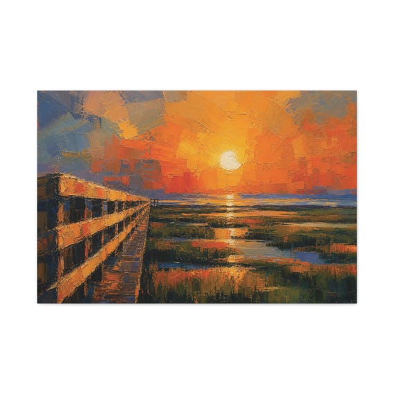 Marsh Boardwalk Canvas Print, Sunset Wetland Digital Art Print, Coastal Wall Art, Canvas Wall Decor, Bill Shew wall art print
