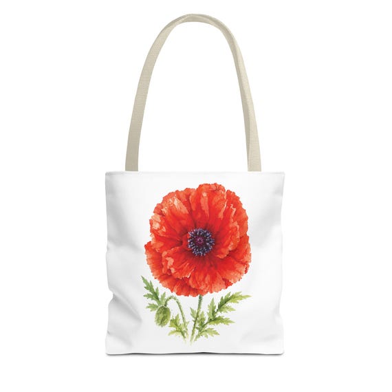 Red Poppy Botanical Watercolor Tote Bag, Floral Canvas Carryall Bag by Bill Shew