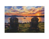 Lake Sunset Canvas Print, Two Adirondack Chairs Digital Art Print, Nature Wall Art, Canvas Wall Decor, Bill Shew wall art print