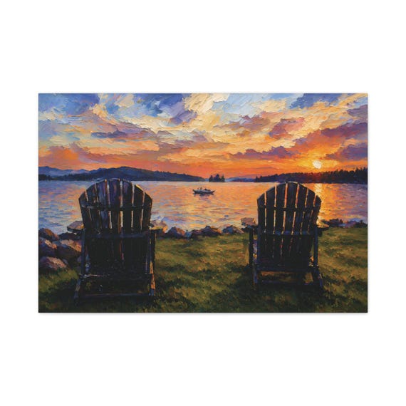 Lake Sunset Canvas Print, Two Adirondack Chairs Digital Art Print, Nature Wall Art, Canvas Wall Decor, Bill Shew wall art print