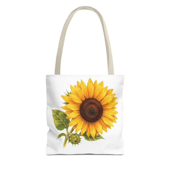 Sunflower Botanical Watercolor Tote Bag, Yellow Floral Canvas Carryall Bag by Bill Shew