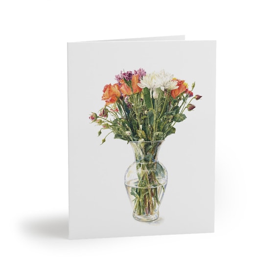 8 cards - Watercolor Flower Bouquet Greeting Card, Orange Roses and White Chrysanthemums by Bill Shew