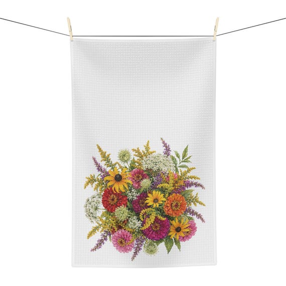 Wildflower Botanical Watercolor Tea Towel, Cottage Garden Kitchen Towel by Bill Shew