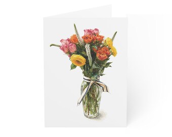 Wenskaart met rozen en ranunculus, botanische bloemenkaart, aquarel boeket, blanco notitiekaart, briefpapier met tuinbloemen, bloemen cadeaukaart