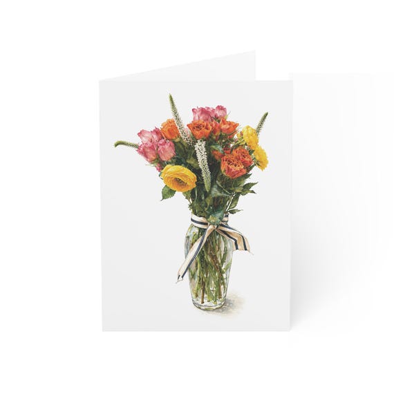 Rose and Ranunculus Greeting Card, Botanical Floral Card, Watercolor Bouquet, Blank Note Card, Garden Flower Stationery, Floral Gift Card, Bill Shew wall art print