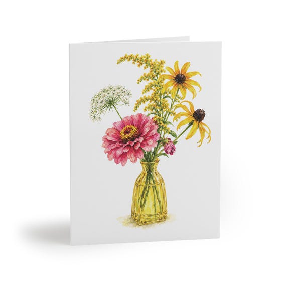 Pink Zinnia and Black Eyed Susan Wildflower Bouquet Botanical Greeting Card by Bill Shew