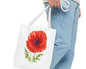Red Poppy Botanical Watercolor Tote Bag, Floral Canvas Carryall Bag, framing detail (Bill Shew)