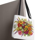 Wildflower Bouquet Tote Bag | Colorful Floral Shoulder Bag (100% Polyester), framing detail (Bill Shew)