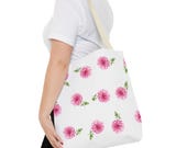 Pink Dahlia Botanical Watercolor Tote Bag, Floral Canvas Carryall, in-room view (Bill Shew)