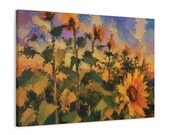 Sunflower Field Canvas Print, Purple Sunset Sky, Textured Botanical Wall Art, detail view (Bill Shew)