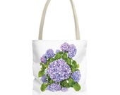 Purple Hydrangea Watercolor Tote Bag | Botanical Floral Carryall (100% Polyester) by Bill Shew
