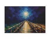 Indigo Pier Lamplight Canvas Print, Moody Coastal Night Wall Art by Bill Shew