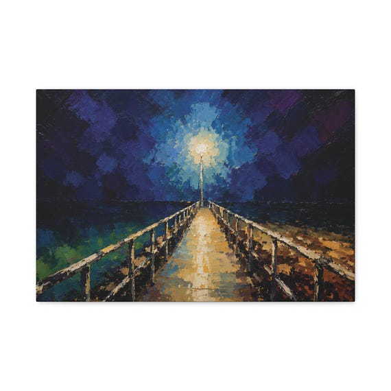 Indigo Pier Lamplight Canvas Print, Moody Coastal Night Wall Art by Bill Shew