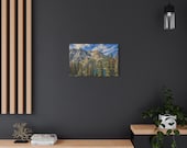 Textured Alpine Lake Canvas Print, Pine Forest Mountain Wall Art, in-room view (Bill Shew)