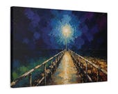 Indigo Pier Lamplight Canvas Print, Moody Coastal Night Wall Art, detail view (Bill Shew)