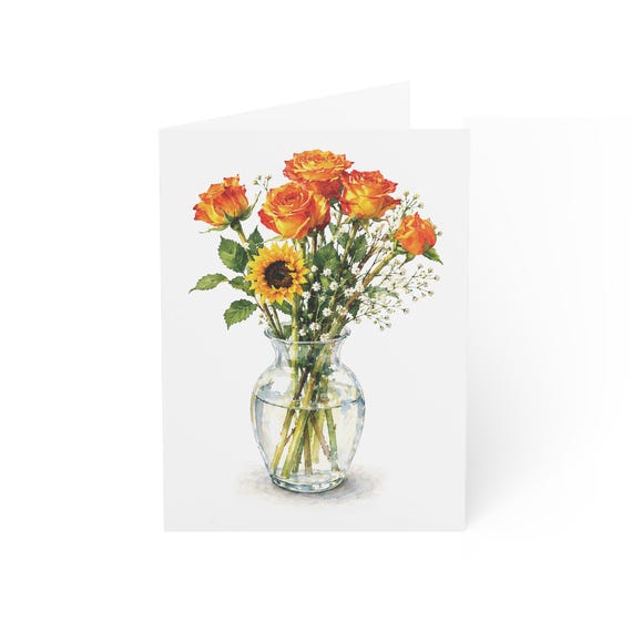 Sunflower and Rose Bouquet Card, Digital Art Print, Botanical Card, Blank Inside for Any Occasion, Bill Shew wall art print