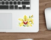 Watercolor Yellow Cymbidium Orchid Sticker, Botanical Floral Decal, detail view (Bill Shew)