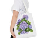 Purple Hydrangea Watercolor Tote Bag | Botanical Floral Carryall (100% Polyester), close-up (Bill Shew)
