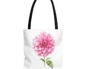 Pink Dahlia Botanical Watercolor Tote Bag, Floral Canvas Carryall Bag, detail view (Bill Shew)