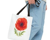Red Poppy Botanical Watercolor Tote Bag, Floral Canvas Carryall Bag, in-room view (Bill Shew)