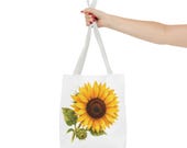 Sunflower Botanical Watercolor Tote Bag, Yellow Floral Canvas Carryall Bag, detail view (Bill Shew)