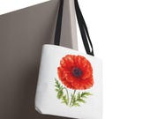 Red Poppy Botanical Watercolor Tote Bag, Floral Canvas Carryall Bag, framing detail (Bill Shew)