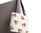 Blanket Flower Watercolor Tote Bag | Red Yellow Floral Canvas Market Shopper, framing detail (Bill Shew)