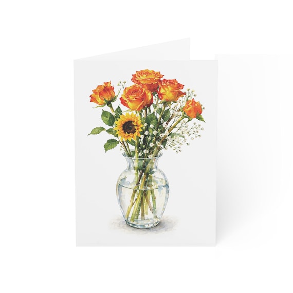 Sunflower and Rose Bouquet Card, Digital Art Print, Botanical Card, Blank Inside for Any Occasion, Bill Shew wall art print