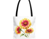 Blanket Flower Botanical Watercolor Tote Bag, Red & Yellow Floral Canvas Carryall, detail view (Bill Shew)