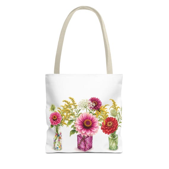 Watercolor Zinnia Tote Bag | Cottage Garden Floral Vase Shoulder Bag Watercolor Zinnia Tote Bag | Cottage Garden Floral Vase Shoulder Bag by Bill Shew