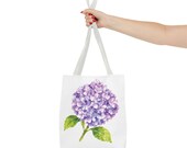 Purple Hydrangea Watercolor Tote Bag, Botanical Floral Shoulder Bag, detail view (Bill Shew)