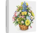 Mixed Flower Basket Botanical Watercolor Art | Colorful Spring Bouquet Wall Decor, detail view (Bill Shew)
