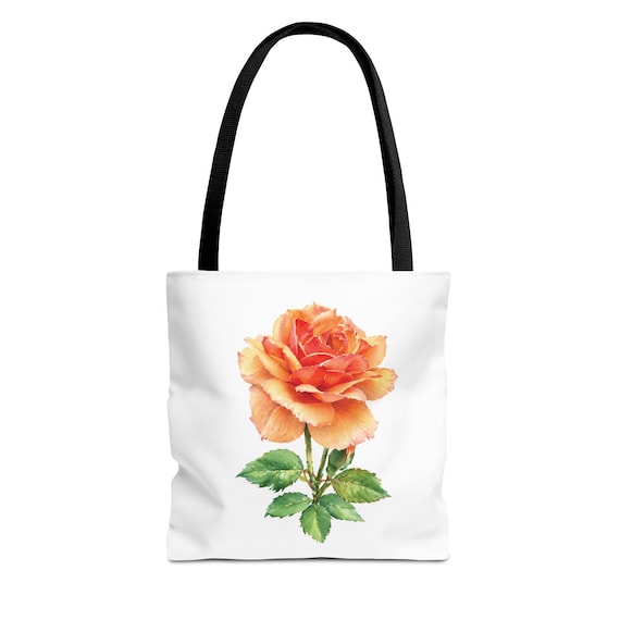 Orange Rose Botanical Watercolor Tote Bag, Floral Canvas Carryall Bag by Bill Shew