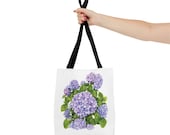 Purple Hydrangea Watercolor Tote Bag | Botanical Floral Carryall (100% Polyester), close-up (Bill Shew)