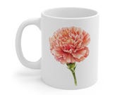 Carnation Mug, Watercolor Carnation Coffee Mug, Peach Pink Flower Mug, detail view (Bill Shew)