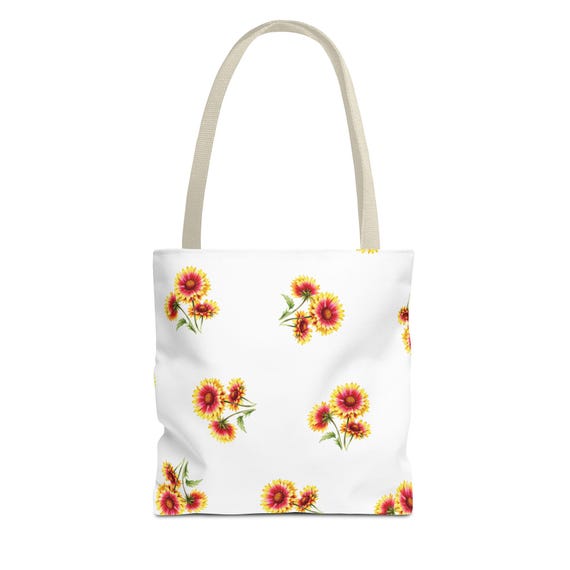Blanket Flower Botanical Watercolor Tote Bag, Red & Yellow Floral Pattern Canvas Carryall by Bill Shew