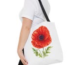 Red Poppy Botanical Watercolor Tote Bag, Floral Canvas Carryall Bag, framing detail (Bill Shew)