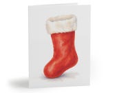 Christmas Stocking Greeting Card, Watercolor Holiday Card, Red Christmas Stocking Art by Bill Shew