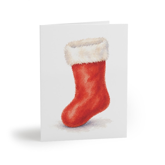 Christmas Stocking Greeting Card, Watercolor Holiday Card, Red Christmas Stocking Art by Bill Shew