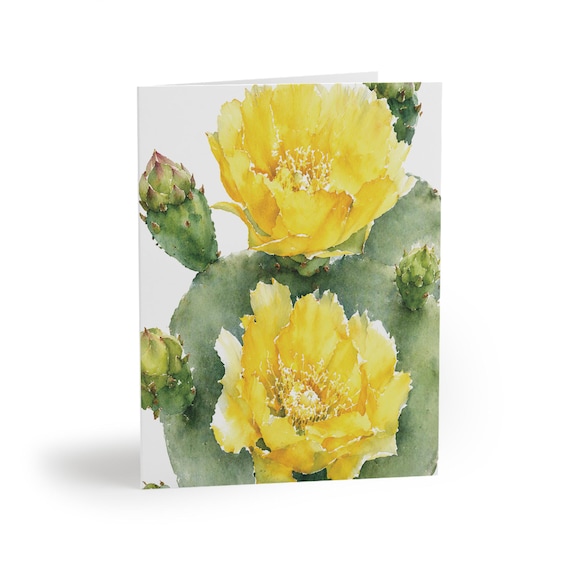 Yellow Prickly Pear Cactus Greeting Card, Botanical Watercolor Art, Desert Floral Note Card Yellow Prickly Pear Cactus Greeting Card, Botanical Watercolor Art by Bill Shew