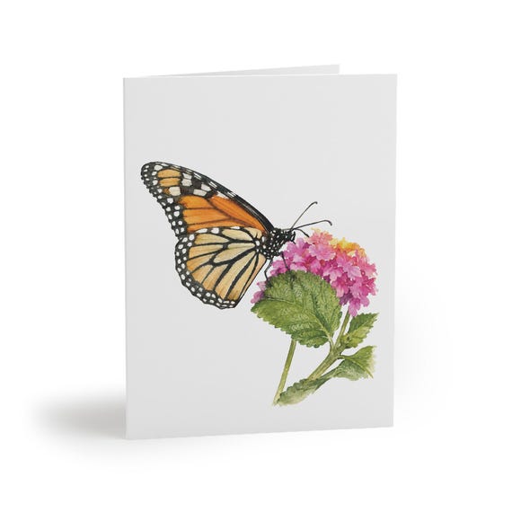 Monarch Butterfly Greeting Card, Watercolor Butterfly and Lantana, Botanical Garden Card by Bill Shew