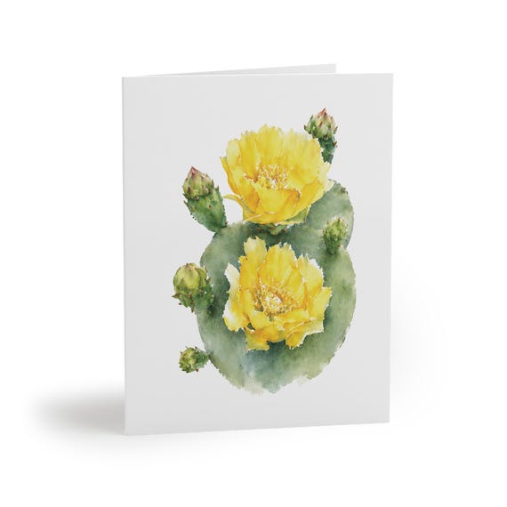 8 cards - Yellow Prickly Pear Cactus Watercolor Greeting Card, Desert Floral Botanical Art by Bill Shew