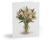 Pink Alstroemeria Watercolor Greeting Card | Peruvian Lily, Baby's Breath Floral Bouquet by Bill Shew