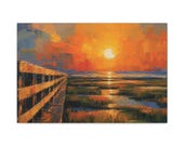 Marsh Boardwalk Canvas Print, Sunset Wetland Coastal Wall Art, Bold Angular Digital Art by Bill Shew
